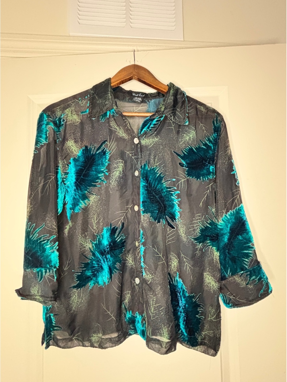 West End Sheer Gray Teal Floral Button Front Blouse [COPY]